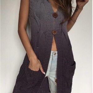 Free People Long Hoodie Cardigan Button Up Cable Knit Ombré Pockets Sweater